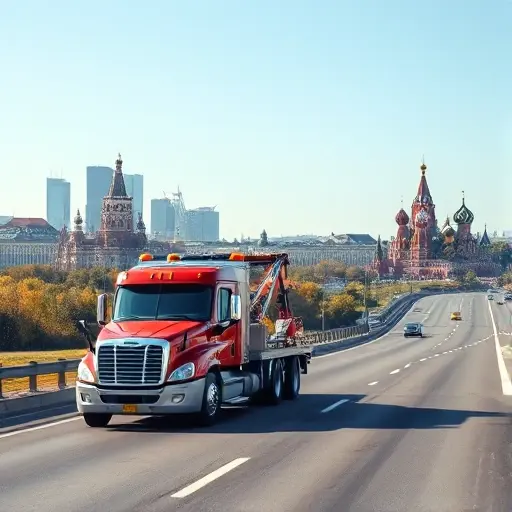 A realistic tow truck driving on a highway with a backdrop of Moscow's skyline, transitioning into a view of the historic architecture of Novgorod in the distance, showing the journey between the two cities, with clear sky and road details, no text or signage