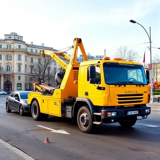 A bright yellow tow truck with a large hook parked on a Moscow street in the Molzhaninovsky district, towing a small car behind it. The background features typical Moscow architecture and a clear sky, with no text, letters, or signage visible.