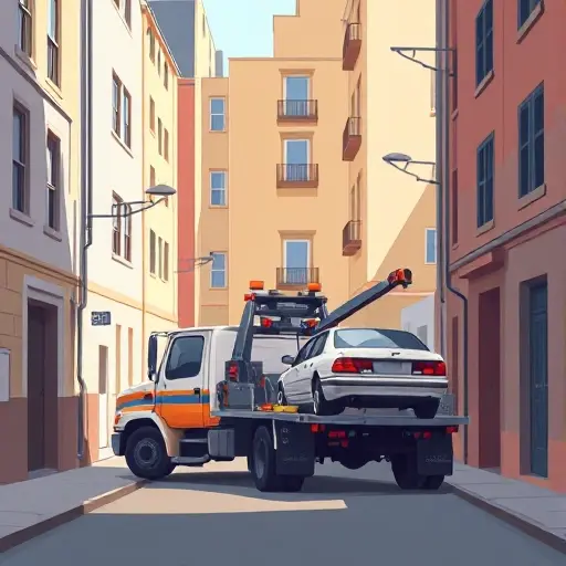A realistic smallHQ style illustration of a tow truck parked in a narrow urban alley called Alley of Pilots, loading a damaged car onto its platform, with modest city buildings lining the street, soft morning light casting gentle shadows, and no visible text or signage