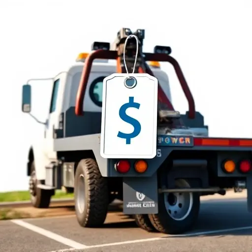 эвакуатор автомобиля цена A realistic tow truck parked on a roadside with a clear, stylized price tag icon hanging from its rear, the tag showing a generic price symbol but no numbers or letters, set against a simple background that highlights the vehicle and the tag