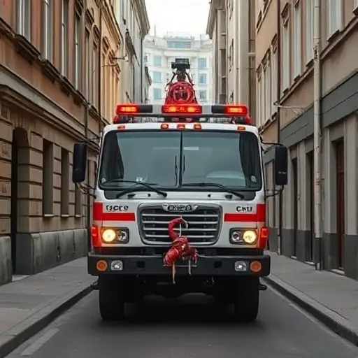 Эвакуатор на 2-й Пехотном переулке: Полное руководство A realistic scene of a tow truck (evacuator) parked on a narrow urban alleyway with typical Russian street architecture, showing the vehicle's hook and lights, surrounding buildings, street lamps, and a subtle hint of a guidebook atmosphere without any visible text or numbers