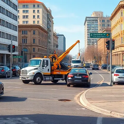 A realistic depiction of a tow truck on Bolshaya Kalitnikovskaya Street, pulling a stalled car off the curb. The scene shows a busy urban street with buildings, traffic lights, and parked cars. The tow truck is in action, with its winch cable attached to the stalled vehicle. The background includes city architecture and a clear sky. No text or lettering is present.