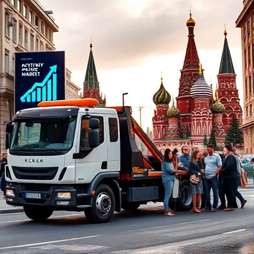 A modern tow truck parked on a bustling Moscow street, with iconic landmarks such as the Kremlin and St. Basil's Cathedral subtly visible in the background. The scene conveys an active job market and industry trends through visual cues like a digital billboard with upward arrows and a group of diverse professionals discussing over a table. The overall mood is dynamic and optimistic, reflecting current market conditions. No text, letters, or numbers should appear in the image.