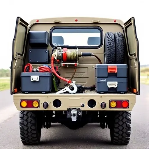 A Ural truck (evacuator) parked on a road, equipped with a heavy-duty winch, a tow hook, a set of spare tires, a jack, and a toolbox, all clearly visible and arranged neatly. The truck's cab is open, showing the driver's seat and a small dashboard. The background is a simple, neutral road environment.