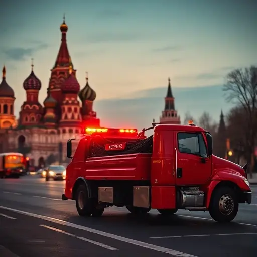 A bright red tow truck parked on a quiet Moscow street at dusk, with the iconic skyline of St. Basil's Cathedral and the Kremlin visible in the background. The scene is illuminated by warm street lights, casting soft reflections on the truck's polished metal surface. No people, cars, or text are present in the frame.