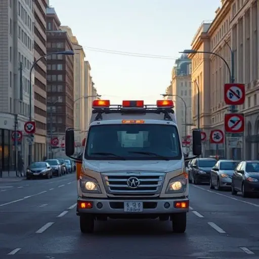 A realistic tow truck (evacuator) parked on the 9th lane of a bustling Moscow street in the Maryina Roshcha district, surrounded by typical city buildings, streetlights, and traffic signs without any visible text or numbers, under a clear sky, captured in the smallHQ style