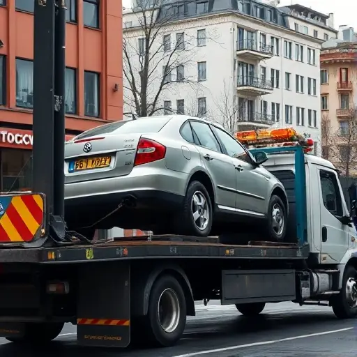 A realistic scene of a tow truck in Moscow, showing the vehicle being carefully loaded onto the truck's platform with visible effort, urban background with recognizable Moscow architecture, no text or signage, focusing on the challenge of loading and unloading heavy items