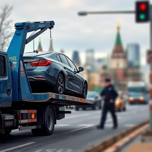 A realistic scene of a Moscow street with a blue tow truck lifting a sedan onto its platform, the city skyline in the background, a police officer directing traffic, and a blurred blurred background indicating an urban environment, with no visible text or signage