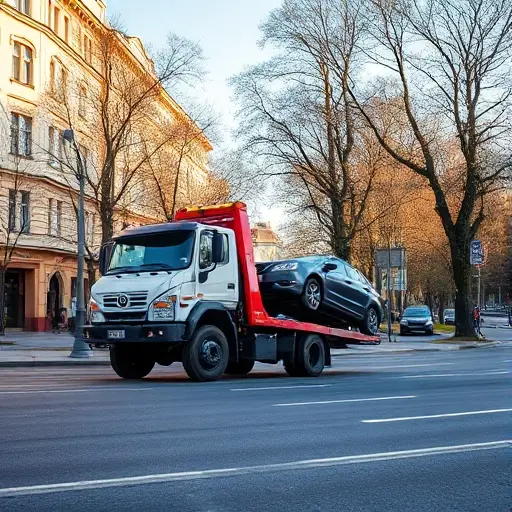 Эвакуатор Москва, Измайлово: Полное руководство A realistic scene of a tow truck (evacuator) operating on a city street in the Izmaylovo district of Moscow, with recognizable Moscow architecture and trees, the tow truck lifting a car, urban background, clear sky, no text or signage