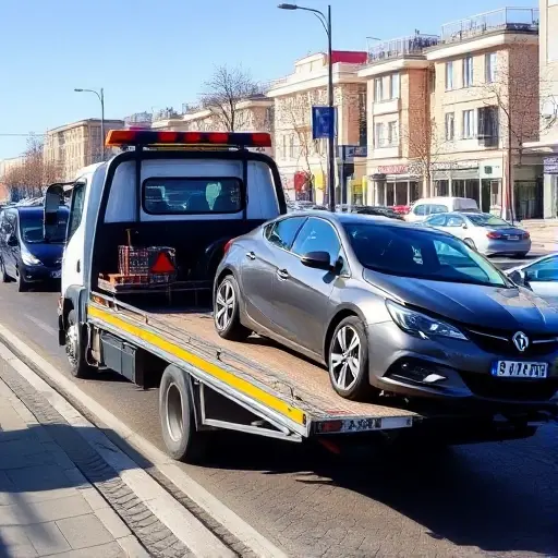A tow truck parked on Belomorskaya Street, with a damaged car being towed, city traffic in the background, clear sky, no text or signage visible