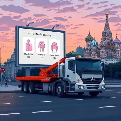 Московский Эвакуатор Москва: Вакансии и Обзор Рынка A realistic illustration of a modern tow truck parked on a Moscow street, with a large billboard behind it showing generic icons of a briefcase, a person, and a car to represent job vacancies, and a subtle bar chart overlay in the sky indicating market trends, all set against a detailed Moscow skyline at dusk.