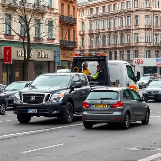 A tow truck in a busy Moscow street pulling a car that is parked incorrectly, with typical Russian city buildings and traffic, showing the tow truck operator working, no visible text or signage
