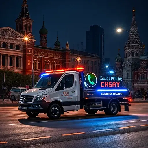 A modern tow truck parked on a Moscow street at night, illuminated by streetlights, with a phone handset displayed on the truck, surrounded by a cityscape featuring iconic Moscow skyline elements, conveying readiness for emergencies at any time