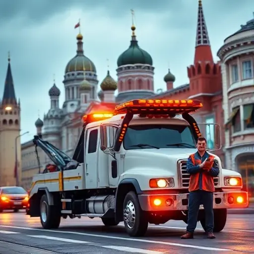 A realistic scene of a modern tow truck parked on a busy Moscow street, with the iconic Kremlin dome and city skyline in the background. The truck is illuminated by streetlights, and a professional driver in a uniform stands beside it, looking confident. The atmosphere conveys a bustling labor market, with subtle hints of job activity like a clipboard and safety gear, but without any visible text or signage.