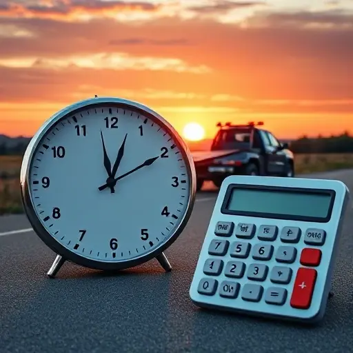 A realistic scene of a tow truck pulling a car on a road at sunset, with a large analog clock and a calculator placed prominently in the foreground to symbolize time and cost factors, all depicted without any text, letters, or numbers, in a detailed, high-quality style