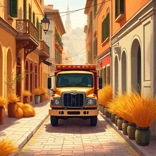 A realistic small-scale illustration of a tow truck parked on a charming street called Alley of Golden Sheaf, with golden wheat bundles lining the sidewalks, warm sunlight, and a cityscape background, showing the vehicle ready for service, no people or signage