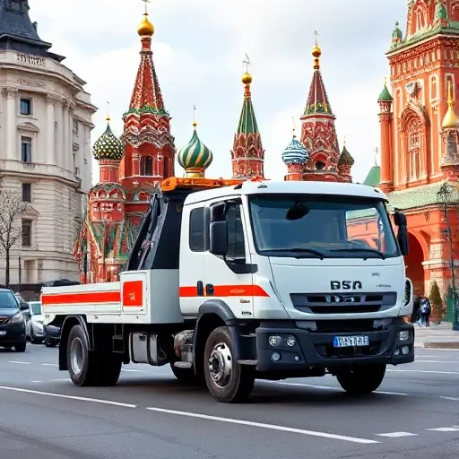 эвакуатор басманный москва A realistic depiction of a modern tow truck parked on a Moscow street, with iconic city landmarks such as the Kremlin or St. Basil's Cathedral in the background, rendered in a detailed, high-resolution style, no people, no text, no logos