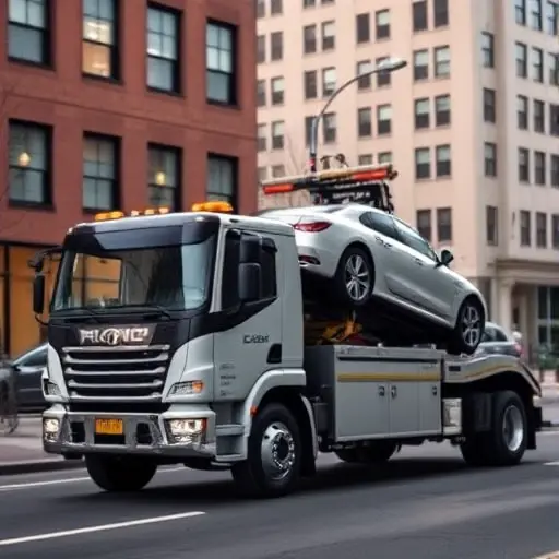 A sleek, modern professional tow truck parked on a city street, its hydraulic arm extended and a car being lifted onto it. The scene is well-lit with a subtle background of buildings, emphasizing the tow truck's power and efficiency. No people or other vehicles should be present.