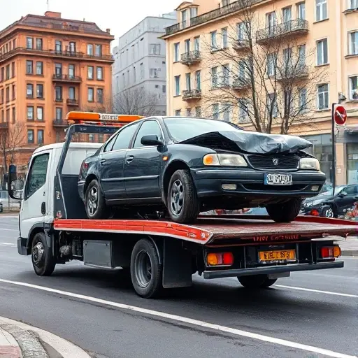 A tow truck in the Butovo district of Moscow pulling a damaged car onto its flatbed, with surrounding city buildings and street environment, illustrating various car malfunctions such as a flat tire, broken engine, and smashed bumper, realistic lighting and detailed textures, no text or logos