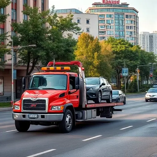 A realistic scene of a tow truck operating on a busy street in the Tёплый Стан district of Moscow, with urban buildings, trees, and a clear sky, showing the truck lifting a car, without any signage, text, or logos.