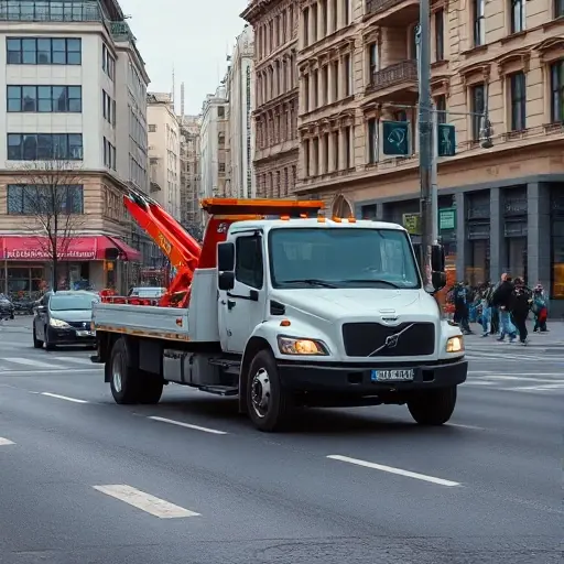 A realistic tow truck parked on a busy street in Tverskoy, Moscow, with city buildings, traffic lights, and pedestrians, no text or signage visible