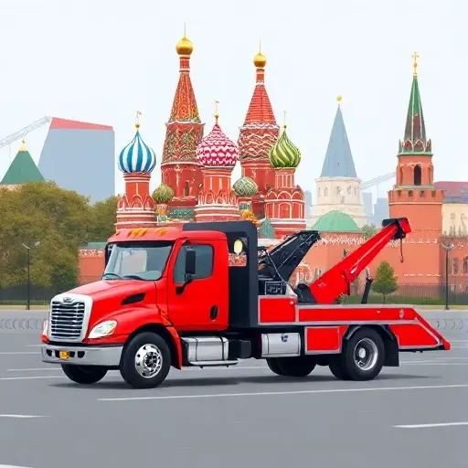 A tow truck parked in front of a recognizable Moscow skyline, such as the Kremlin or St. Basil's Cathedral, with subtle job-related elements like a briefcase or a clipboard icon integrated into the scene, all depicted in a clean, realistic style