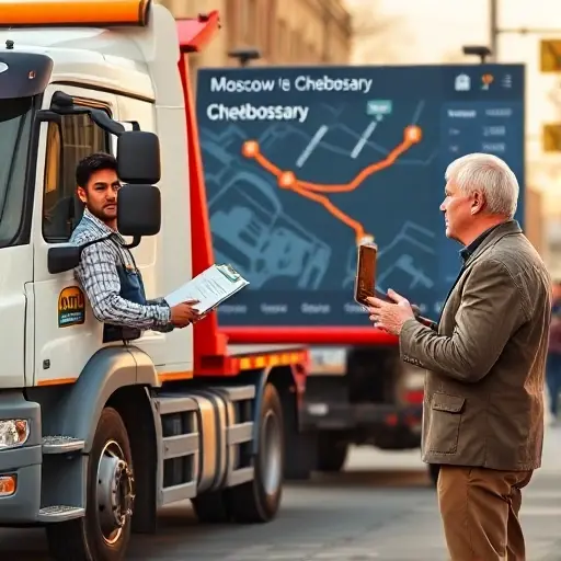 A realistic scene showing a tow truck driver and a customer negotiating the price and pickup time for a tow service between Moscow and Cheboksary. The driver is standing beside a modern tow truck with a visible logo, holding a clipboard or tablet displaying a price estimate. The customer, a middle-aged person, is holding a phone and listening intently, gesturing to indicate agreement. In the background, a large digital map or GPS screen shows the route from Moscow to Cheboksary with a highlighted path. The setting is outdoors on a city street with subtle cityscape elements. The composition should convey professionalism, trust, and clear communication, with warm lighting and a slightly blurred background to keep focus on the interaction. No text, letters, or numbers should appear in the image.