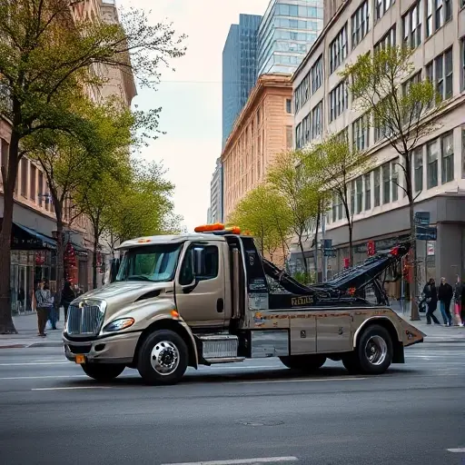 Эвакуатор на 1-й Мелитопольской улице: Полное руководство A sleek tow truck parked on a bustling city street, with surrounding buildings, trees, and pedestrians, capturing the essence of 1st Melitopol Street in a realistic style, without any visible text or signage