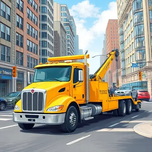A realistic illustration of a large yellow tow truck parked on a bustling city street, with surrounding buildings, traffic, and a car being towed, all depicted in a detailed, high-resolution style, no text or signage visible
