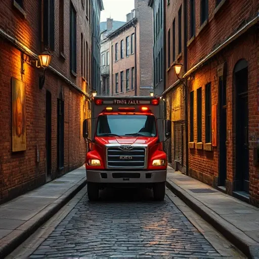A realistic tow truck (evacuator) positioned in a narrow, cobblestone alley named Thorn Alley, with old brick buildings on both sides, subtle streetlights casting warm light, and a sense of a guidebook illustration without any text or signage