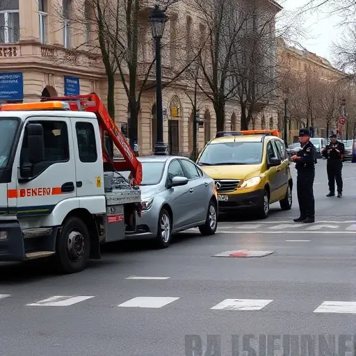 A tow truck pulling an illegally parked car on Bitsevsky Passage, with traffic police officers in uniform standing nearby, in a realistic city street setting