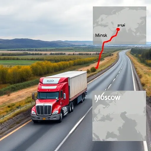 Эвакуатор Минск-Москва: Полное руководство по стоимости и организации перевозки A tow truck on a highway traveling from Minsk to Moscow, with Belarusian and Russian countryside scenery, a clear road, and a subtle map overlay indicating the route, realistic style