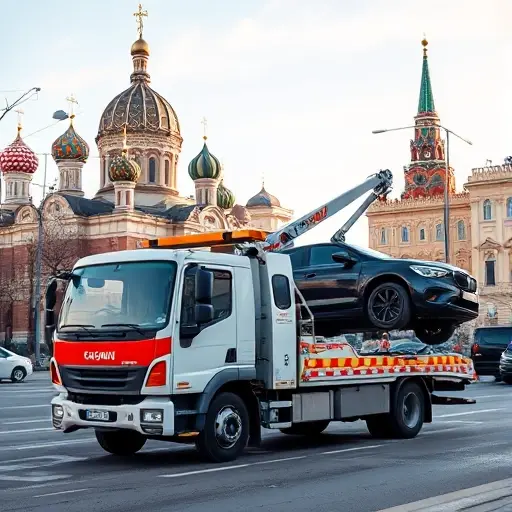 A realistic scene of a modern tow truck (evakuator) parked on a busy Moscow street, with recognizable Moscow architecture such as the Kremlin dome and typical city buildings in the background, the tow truck equipped with a hook and a car being lifted, under a clear sky, no visible text, letters, or numbers