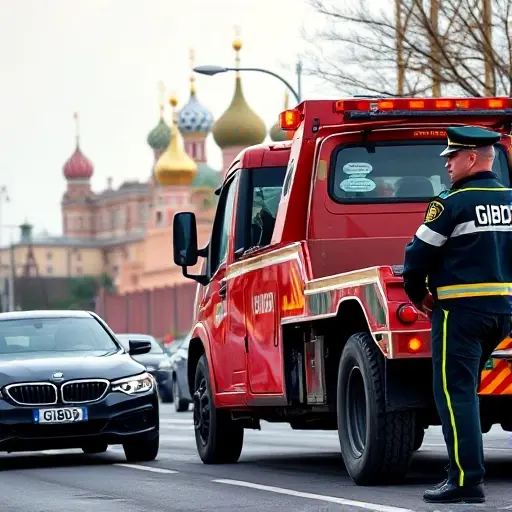 A tow truck with a GIBDD badge pulling a car on a Moscow street, with a traffic police officer standing nearby, and the iconic Moscow skyline in the background, all in a realistic style.