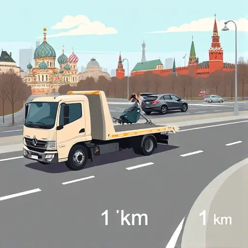 A realistic illustration of a tow truck in Moscow pulling a car on a city road, with a visible distance marker indicating 1 km and a subtle representation of loading/unloading difficulty (such as a partially lifted vehicle and a hand holding a wheel). The background shows iconic Moscow architecture and a clear sky, all without any text or numbers.