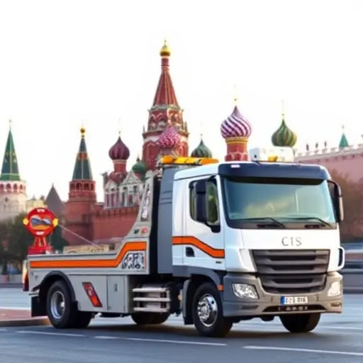 A modern tow truck parked near a recognizable Moscow landmark, such as the Kremlin, with a clear sky and no text or logos visible.
