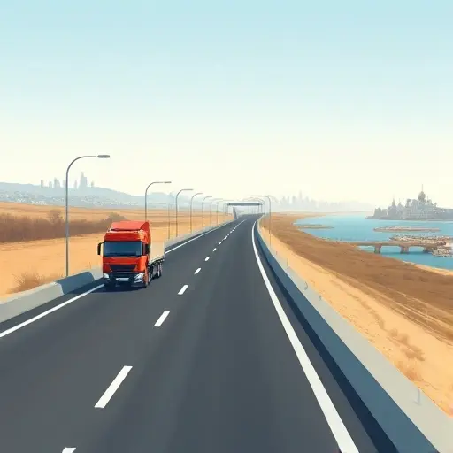 A realistic illustration of a tow truck traveling on a long highway that connects the Crimean region to Moscow, with a subtle map-like line indicating the route, the tow truck carrying a vehicle, the Moscow skyline visible in the distance and the Crimean coastline near the start, under a clear sky, without any text or symbols