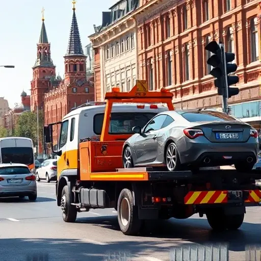 A realistic scene of a tow truck (evakuator) operating on a busy Moscow street, with recognizable city elements such as the Kremlin towers and red brick buildings in the background, traffic lights, and typical urban traffic. The tow truck is lifting a small car onto its platform, with the driver visible through the window, but no visible text, logos, or signage. The atmosphere is bright daylight, showing the dynamic nature of city roadside assistance.