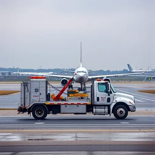 A tow truck parked on a runway at Moscow airport, blocking aircraft movement, with airport infrastructure visible, no people, no text