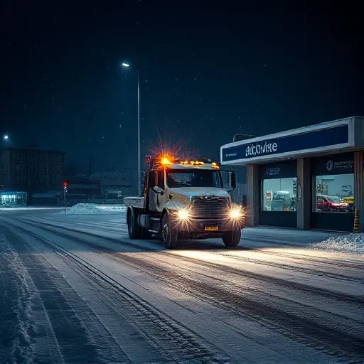 A night scene in Moscow with a snow-covered street, a large tow truck parked near an auto service garage. The truck is illuminated by its headlights, casting a soft glow on the icy road. The background shows a few dimly lit buildings and a faint reflection of the city lights on the snow. The atmosphere is cold and quiet, with subtle snowfall in the air. No text, letters, or numbers are present in the image.