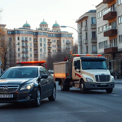 A realistic scene of a tow truck (evacuator) pulling a disabled car on a city street near residential buildings, with a subtle hint of Moscow architecture in the background, under a clear sky, focusing on the vehicles and urban environment without any signage or text