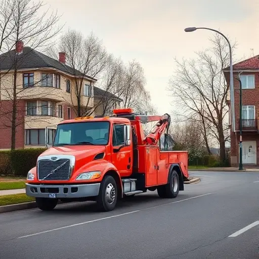 Эвакуатор в районе Алексеевский: Полное руководство A realistic tow truck parked on a quiet residential street in the Alekseevsky district, with typical suburban houses in the background, a clear sky, and a calm atmosphere, all rendered in a detailed, high-resolution style.