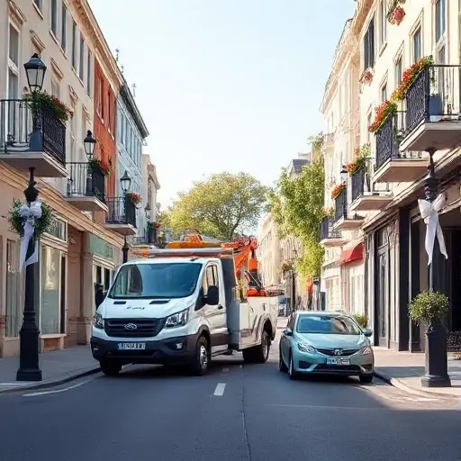 A realistic urban street scene on a charming avenue named "Alley of Newlyweds" with a modern tow truck parked beside a small car that has broken down. The street is lined with decorative lampposts, flower boxes, and subtle wedding-themed decorations like ribbons and bouquets on balconies, hinting at the name of the avenue. The sky is clear, and the atmosphere is calm and helpful, emphasizing the service of a tow truck arriving to assist. No visible text, logos, or signage in the image.