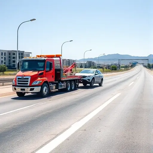 a tow truck loading a broken down modern car on a wide new highway in a newly built suburban area, clear sunny day, modern architecture in the background, high quality, detailed