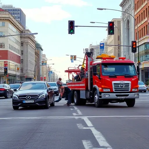 A tow truck in a typical Moscow North street scene, pulling a broken-down car from a busy road. The setting shows city buildings, traffic lights, and a clear sky. The tow truck is in action, with its winch cable attached to the vehicle. No text, no people, no logos.