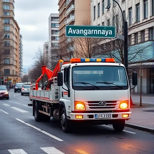 A realistic scene of a tow truck (evacuator) parked on a city street named Avangardnaya, with a visible street sign indicating the name, and a phone operator's headset or a subtle hint of a dispatch center in the background, showing the concept of calling a tow service; the focus is on the vehicle and the urban environment, no text or logos
