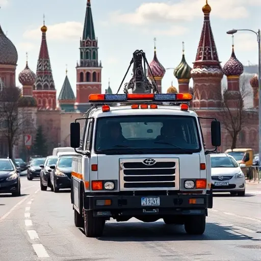 A professional tow truck (evacuator) driving through a recognizable Moscow street scene, with iconic city elements such as the Kremlin towers or Saint Basil's Cathedral in the background, under a clear sky. The focus is on the sturdy vehicle, its hook and lights, showing it ready to assist, with urban traffic and typical Russian architecture surrounding it. No text, letters, or numbers should appear in the image.