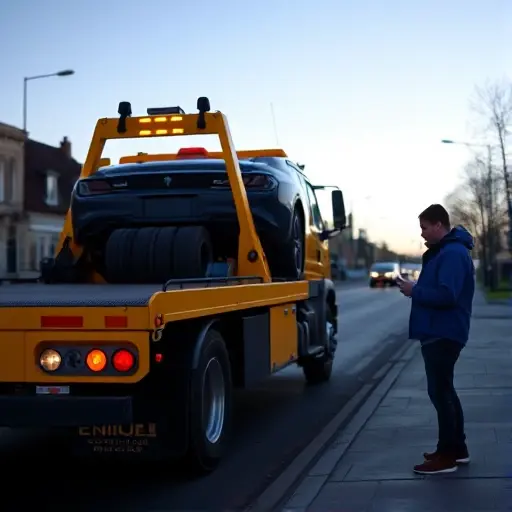 как узнать эвакуатор увез машину A realistic scene on a quiet street at dusk: a bright yellow tow truck with its winch lowered, gently lifting a parked sedan onto its flatbed. A nearby driver, wearing a blue jacket, stands on the curb holding a smartphone, looking concerned as they check the status of the tow. The background shows subtle streetlights and a few parked cars, with a clear sky and soft shadows. The composition emphasizes the interaction between the tow truck and the driver, capturing the moment of inquiry and the mechanical action of towing.
