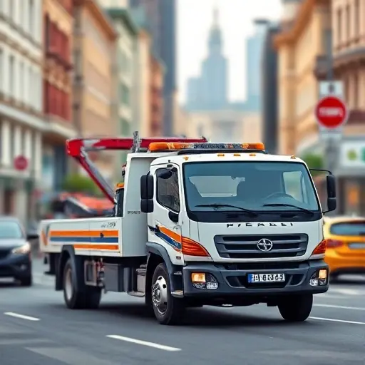 Эвакуатор Молжаниновский, Москва: Полное руководство A realistic smallHQ style illustration of a modern tow truck (evacuator) parked on a busy Moscow street in the Molzhaninovsky district, with recognizable Russian city architecture, street signs blurred, and a subtle hint of the Moscow skyline in the background. The scene should convey a professional service environment without any text, logos, or people visible.