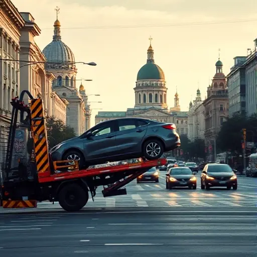 A realistic scene of a tow truck (evakuator) operating on a Moscow street, with recognizable Moscow architecture such as the Kremlin dome or typical high-rise buildings in the background, the tow truck lifting a passenger car onto its platform, city traffic and street signs blurred to convey motion, under a clear sky, captured in a detailed yet compact composition
